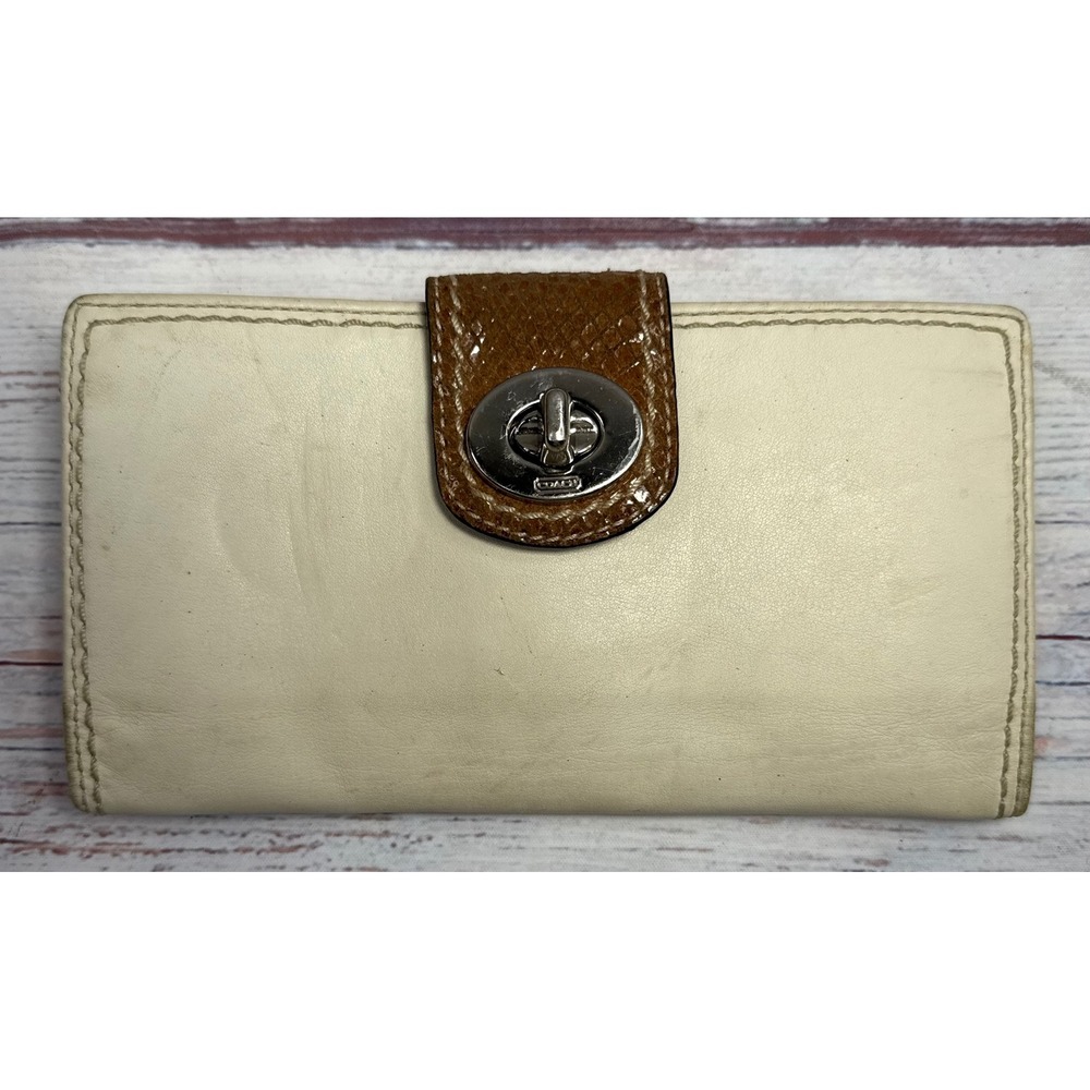 Coach Cream Leather Trifold Wallet Brown Snakeskin Turnlock Tab Silver Hardware